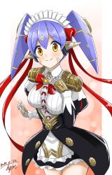 Rule 34 | 1girl, android, black dress, blue hair, bow, breasts, closed mouth, dated, dress, frills, highres, hisin, long hair, long sleeves, looking at viewer, maid, maid headdress, medium breasts, poppi (xenoblade), poppi qt (xenoblade), red bow, signature, smile, solo, tareme, xenoblade chronicles (series), xenoblade chronicles 2, yellow eyes