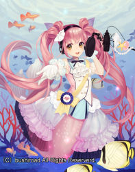 Rule 34 | 1girl, bare shoulders, bow, bowtie, cardfight!! vanguard, company name, coral, fish, gloves, headphones, long hair, mermaid, microphone, monster girl, official art, open mouth, pink hair, solo, star (symbol), suguri (neroli), teeth, tropical fish, twintails, underwater, very long hair, wonder frill nanoka, yellow eyes