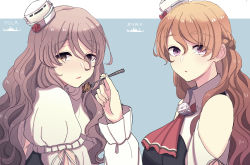 Rule 34 | 2girls, ascot, bare shoulders, braid, breasts, brown eyes, brown hair, character name, doraimon0312, food, fork, french braid, hair between eyes, hat, highres, holding, holding fork, kantai collection, long hair, long sleeves, medium breasts, mini hat, multiple girls, necktie, orange hair, parted lips, pasta, pola (kancolle), purple eyes, red necktie, two-tone background, upper body, wavy hair, zara (kancolle)