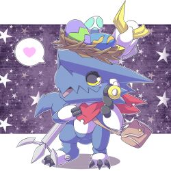 Rule 34 | absurdres, claws, digimon, digimon (creature), headphones, heart, highres, nest, scarf, shoutmon (blue), solo