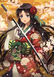 Rule 34 | 1girl, bad id, bad pixiv id, black hair, blue eyes, cherry blossoms, floral print, flower, fusohime, glint, hair flower, hair ornament, holding, holding sword, holding weapon, jewelry, katana, lipstick, long hair, looking at viewer, makeup, necklace, orange sky, original, outdoors, sky, standing, sword, tassel, very long hair, weapon, wide sleeves, yuko666