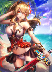 Rule 34 | 10s, 1girl, adjusting hair, beach, blonde hair, bow, bow legwear, day, granblue fantasy, hair bow, long hair, outdoors, palm tree, panties, ponytail, realize (re-alize), red eyes, sky, smile, solo, sword, thighhighs, tree, underwear, vira (granblue fantasy), water, weapon, white panties