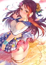 Rule 34 | 1girl, ass, blue scrunchie, blush, breasts, charm (object), circle skirt, clothes lift, commentary request, covered erect nipples, crop top, earrings, flower, flower earrings, hair flower, hair ornament, half updo, highres, jewelry, looking back, love live!, love live! school idol festival, love live! sunshine!!, medium breasts, miazi, necktie, no bra, panties, petals, pink flower, pink panties, plaid necktie, plaid neckwear, red hair, sailor collar, sakurauchi riko, scrunchie, skirt, skirt lift, smile, solo, underwear, w, wading, wind, wind lift, wrist scrunchie, yellow eyes, yellow flower