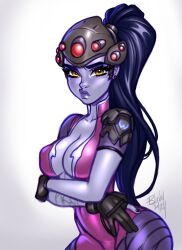 Rule 34 | 1girl, artist name, black gloves, black nails, blushyspicy, breasts, cleavage, collarbone, colored skin, frown, gloves, grey background, head-mounted display, highres, large breasts, long hair, looking at viewer, medium breasts, nail polish, overwatch, ponytail, purple hair, purple skin, shiny skin, shoulder plates, simple background, solo, widowmaker (overwatch)