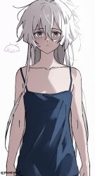 Rule 34 | 1girl, arms at sides, bare shoulders, blue shirt, closed mouth, collarbone, grey eyes, grey hair, gundam, gundam suisei no majo, hair between eyes, long hair, looking at viewer, messy hair, miorine rembran, official alternate costume, planetzer 0, shirt, simple background, sleeveless, sleeveless shirt, solo, spaghetti strap, tears, upper body, white background