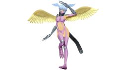 Rule 34 | 1girl, 3d, arms up, bikini, blue hair, bra, breasts, digimon, digimon (creature), digimon frontier, facial mark, facial mask, feathered wings, garter straps, gauntlets, green eyes, head wings, looking to the side, medium breasts, mikumikudance (medium), monster girl, navel, one leg raised, panties, purple bikini, purple bra, purple panties, scarf, short hair, shoulder pads, shutumon, swimsuit, transparent background, underwear, wings