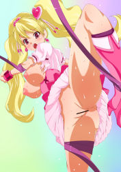 Rule 34 | 00s, 1girl, amasora taichi, ass, bdsm, blonde hair, blush, bondage, boots, bound, breasts, censored, covered erect nipples, cure peach, earrings, fresh precure!, from below, gradient background, hair ornament, heart, heart hair ornament, high heel boots, high heels, jewelry, knee boots, large breasts, leg lift, leg up, legs, long hair, long legs, looking down, magical girl, momozono love, nipples, no panties, open mouth, pink footwear, precure, ribbon, ribbon bondage, shoes, solo, spread legs, sweat, thigh boots, thigh strap, thighhighs, thighs, torn clothes, twintails, upskirt, very long hair