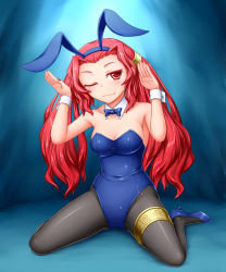 Rule 34 | 1girl, alternate costume, animal ears, bare shoulders, black pantyhose, blush, body blush, bow, bowtie, breasts, collarbone, covered navel, detached collar, duel monster, emilia (yu-gi-oh!), fake animal ears, female focus, fingernails, full body, gishki emilia, hair tubes, hairband, head tilt, high heels, legband, legs, leotard, long hair, looking at viewer, nail polish, one eye closed, open hand, pantyhose, pataneet, playboy bunny, rabbit ears, red eyes, red hair, red nails, ritua emilia, shiny clothes, shiny skin, shoes, sitting, smile, solo, thighs, twintails, wariza, wavy hair, wink, wrist cuffs, yu-gi-oh!, yu-gi-oh! duel monsters