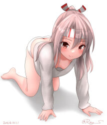 Rule 34 | 1girl, all fours, alternate costume, barefoot, breasts, brown eyes, butt crack, dated, downblouse, grey hair, headband, kantai collection, long hair, long sleeves, looking at viewer, one-hour drawing challenge, panties, ponytail, ray.s, shirt, simple background, small breasts, smile, solo, underwear, white background, white panties, white shirt, zuihou (kancolle)