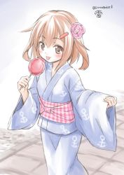 Rule 34 | 10s, 1girl, alternate costume, anchor symbol, blush stickers, brown eyes, brown hair, candy apple, character name, commentary request, flower, food, fujishima shinnosuke, gradient background, hair flower, hair ornament, hairclip, ikazuchi (kancolle), japanese clothes, kantai collection, kimono, looking at viewer, obi, sash, solo, tongue, tongue out, twitter username, yukata
