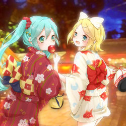 Rule 34 | 2girls, aqua eyes, aqua hair, bad id, bad pixiv id, blonde hair, candy apple, eating, food, hatsune miku, japanese clothes, kagamine rin, kimono, long hair, looking at viewer, looking back, mnmktn, multiple girls, night, open mouth, outdoors, short hair, smile, twintails, vocaloid, yukata