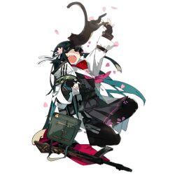 Rule 34 | 1girl, :o, arm up, black cat, black gloves, black hair, black pantyhose, black skirt, buckle, cat, cherry blossom print, cherry blossoms, coat, covering another&#039;s eyes, fingerless gloves, floral print, flower, flying teardrops, full body, girls&#039; frontline, gloves, green bag, gun, hair flower, hair ornament, hair ribbon, high-waist skirt, karei, long sleeves, neckerchief, official alternate costume, official art, pantyhose, pink neckerchief, pleated skirt, pouch, red scarf, ribbon, scarf, simple background, skirt, snap-fit buckle, solo, squatting, striped ribbon, submachine gun, sweatdrop, teeth, third-party source, transparent background, type 100 (girls&#039; frontline), type 100 (mod3) (girls&#039; frontline), type 100 smg, upper teeth only, weapon, weapon on floor, white coat, white ribbon