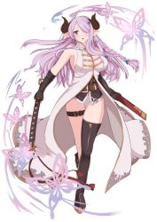 Rule 34 | 10s, 1girl, belt, black gloves, black thighhighs, braid, breasts, bug, butterfly, cow girl, cow horns, dress, female focus, fingerless gloves, full body, gloves, granblue fantasy, hair ornament, hair over one eye, hairclip, horns, insect, katana, large breasts, long hair, looking at viewer, matcha noir, narmaya (granblue fantasy), panties, pointy ears, purple eyes, sideboob, simple background, solo, standing, sword, thighhighs, underwear, walking, weapon, white background, white panties