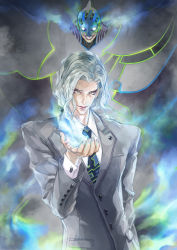 Rule 34 | 10s, 1boy, blue fire, cloak, dual persona, fire, formal, glowing, glowing eyes, gradient background, highres, jane mere, lunatic (tiger &amp; bunny), male focus, mask, necktie, pale skin, silver hair, solo, suit, tiger &amp; bunny, yuri petrov