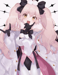 Rule 34 | 1girl, animal ear fluff, animal ears, black bow, black gloves, blush, bow, breasts, cloak, coattails, collared shirt, corset, dress shirt, fate/grand order, fate (series), fox tail, gloves, hair between eyes, hair bow, highres, koyanskaya (assassin) (second ascension) (fate), koyanskaya (fate), large breasts, long hair, long sleeves, looking at viewer, meloettta, open mouth, pantyhose, pink hair, rabbit ears, revision, shirt, sidelocks, solo, tail, tamamo (fate), thighs, twintails, underbust, white cloak, white pantyhose, white shirt, yellow eyes