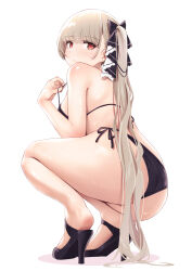 Rule 34 | 1girl, absurdres, ass, azur lane, bikini, black bikini, black bikini bottom, blunt bangs, breasts, brown hair, classic (zildjian33), commentary request, earrings, formidable (azur lane), high heels, highres, jewelry, large breasts, long hair, looking at viewer, partial commentary, red eyes, sidelocks, solo, squatting, swimsuit, thighs, twintails, very long hair, white background