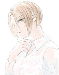 Rule 34 | 10s, 1girl, amelia venkatesh, blonde hair, blue eyes, bra, colored eyelashes, from side, hand on own chest, long sleeves, looking at viewer, osatoumizu, parted lips, pink bra, profile, see-through, shirt, short hair, simple background, solo, terra formars, underwear, upper body, wet, wet clothes, white background, white shirt, wing collar