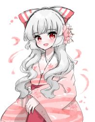 Rule 34 | 1girl, :d, alternate costume, blunt bangs, bow, floral print, flower, fujiwara no mokou, hair bow, hair flower, hair ornament, highres, japanese clothes, kimono, koharu66353343, long hair, looking at viewer, open mouth, pink flower, pink kimono, red eyes, sidelocks, simple background, smile, solo, touhou, upper body, wavy hair, white background, white bow, white hair