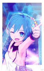 Rule 34 | 1girl, absurdres, ahoge, aqua nails, armpits, black collar, blue eyes, blue hair, collar, commentary, detached collar, dress, fang, flat chest, from above, hair ornament, hand up, hatsune miku, headphones, highres, index finger raised, looking at viewer, nail polish, one eye closed, open mouth, redial (vocaloid), signature, sketch, skin fang, skirt, smile, solo, spaghetti strap, vocaloid, walts p., white dress, wristband