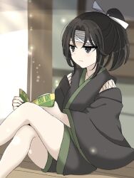 Rule 34 | 1other, androgynous, bandaged head, bandages, black eyes, black hair, black shorts, black sleeves, book, bow, closed mouth, commentary request, detached sleeves, green trim, hair bow, highres, holding, holding book, jinbei (clothes), jinbei (len&#039;en), jitome, len&#039;en, light particles, long sleeves, medium hair, other focus, ougi hina, ponytail, shorts, sitting, white bow, wide sleeves