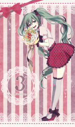 Rule 34 | 1girl, bad id, bad pixiv id, bouquet, dated, flower, green eyes, green hair, hatsune miku, iwakamu, long hair, matching hair/eyes, musical note, open mouth, skirt, solo, striped, striped background, thighhighs, twintails, very long hair, vocaloid