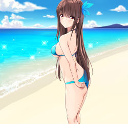 Rule 34 | 1girl, absurdres, adjusting clothes, adjusting swimsuit, ass, back, beach, bikini, blue bikini, blush, bow, breasts, brown eyes, brown hair, day, dimples of venus, from side, hair bow, halterneck, highres, legs together, long hair, looking at viewer, marui koishi, medium breasts, mountainous horizon, nervous smile, ocean, original, outdoors, smile, sparkle, standing, swimsuit, underboob