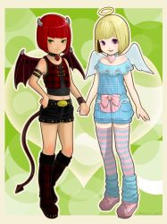 Rule 34 | 1boy, 1girl, androgynous, angel and devil, angel wings, blonde hair, boots, child, demon horns, demon tail, demon wings, full body, halo, hetero, highres, holding hands, horns, open mouth, original, purple eyes, red hair, smile, striped clothes, striped thighhighs, tail, thighhighs, trap, wings, yellow eyes