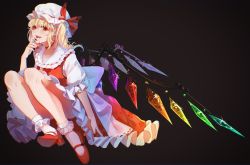Rule 34 | 1girl, black background, blonde hair, blood, blood from mouth, bow, chouko (butterfly child), chromatic aberration, crystal, fang, flandre scarlet, frills, full body, gem, hand on own chin, hat, hat bow, hat ribbon, highres, looking at viewer, mob cap, nail polish, open mouth, pointy ears, puffy short sleeves, puffy sleeves, red bow, red eyes, red footwear, red nails, red ribbon, ribbon, short sleeves, side ponytail, simple background, sitting, socks, solo, sparkle, touhou, white hat, white socks, wings