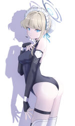Rule 34 | 1girl, absurdres, akazaki yukino, ass, black gloves, black leotard, blonde hair, blue archive, blue eyes, breasts, bun cover, commentary, detached sleeves, fingerless gloves, gloves, halo, hand on own chest, headset, highres, leaning forward, leotard, looking at viewer, maid headdress, medium breasts, ribbon, shadow, simple background, solo, thigh strap, thighhighs, toki (blue archive), white background