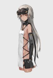 Rule 34 | 1girl, apron, breasts, brown eyes, cowboy shot, cyberpunk, dark-skinned female, dark skin, elbow gloves, expressionless, fingerless gloves, from side, gloves, grey background, grey hair, head-mounted display, heavily armed high school girls, long hair, looking at viewer, naked apron, neco, null (heavily armed high school girls), original, sideboob, simple background, small breasts, solo, visor