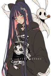 Rule 34 | 1girl, black hair, blue eyes, bow, choker, coat, colored shadow, commentary, cowboy shot, criis-chan, crossover, dog, english commentary, ghost, hair bow, hair ornament, hands in pockets, hood, hoodie, jack skellington, light blush, long hair, looking at viewer, panty &amp; stocking with garterbelt, parted lips, shadow, simple background, skull hair ornament, solo, stocking (psg), the nightmare before christmas, white background, x hair ornament, zero (the nightmare before christmas)