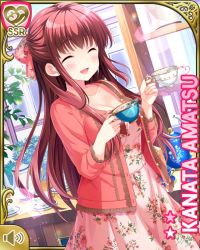 Rule 34 | 1girl, amatsu kanata, bow, brown hair, card, character name, coat, day, dress, closed eyes, floral print, girlfriend (kari), indoors, long hair, official art, open mouth, pink bow, pink coat, pink dress, qp:flapper, red eyes, smile, solo, standing, tagme, tea cup, tea kettle