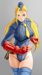 Rule 34 | 1girl, ahoge, belt, belt pouch, blonde hair, blue eyes, blue thighhighs, breasts, cammy white, capcom, commentary request, facial scar, fingerless gloves, gauntlets, gloves, grey background, hat, highleg, highleg leotard, highres, leotard, long sleeves, medium breasts, necktie, parted lips, pouch, scar, scar on cheek, scar on face, simple background, solo, street fighter, street fighter zero (series), thighhighs, thighs, x chitch, yellow necktie