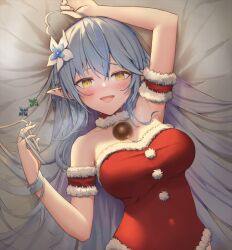 Rule 34 | 1girl, ahoge, alternate costume, arm up, armband, armpits, bed sheet, bell, blue hair, blush, braid, breasts, cleavage, collar, flower, fur-trimmed collar, fur-trimmed leotard, fur trim, hair between eyes, hair flower, hair ornament, twirling hair, half updo, hand in own hair, hand up, heart, heart ahoge, hololive, large breasts, leotard, long hair, looking at viewer, lying, neck bell, on back, open mouth, pointy ears, red collar, red leotard, santa costume, santa leotard, solo, strapless, strapless leotard, upper body, very long hair, virtual youtuber, wasami, yellow eyes, yukihana lamy