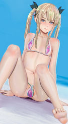 Rule 34 | 1girl, arm support, aruman, bad id, bad pixiv id, barefoot, beach, bikini, black ribbon, blonde pubic hair, blue eyes, blue sky, blurry, blurry background, blush, breasts, clear sky, collarbone, commentary, dead or alive, dead or alive 5, dutch angle, female pubic hair, groin, hair ribbon, highres, knees up, lips, long hair, looking at viewer, marie rose, micro bikini, navel, ocean, outdoors, painterly, pink bikini, pubic hair, pubic hair peek, ribbon, sidelocks, sitting, sky, small breasts, smile, soles, solo, swimsuit, toes, twintails