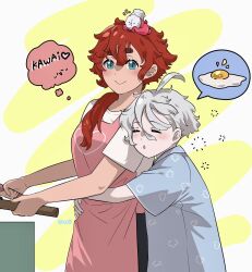 Rule 34 | 2girls, :&gt;, ahoge, apron, closed eyes, cooking, couple, fried egg, grey hair, gundam, gundam suisei no majo, hair over shoulder, highres, hots (gundam suisei no majo), hug, hug from behind, messy hair, miorine rembran, mo suma, multiple girls, ponytail, red hair, romaji text, short eyebrows, short hair, sleeping, smile, suletta mercury, thick eyebrows, thought bubble, triangle mouth, yuri