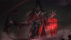 Rule 34 | 2boys, alternate costume, belt, black gloves, black hair, black headwear, clothing request, collarbone, commentary request, draven, gloves, gradient background, grey background, grin, highres, holding, holding weapon, lantern, league of legends, looking at viewer, male focus, multiple boys, pants, pointy ears, red belt, scythe, single glove, smile, thresh (league of legends), weapon, wutu (1183238220)