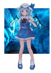 Rule 34 | 1girl, arm up, ascot, back bow, blue footwear, blue hair, blue ribbon, blue skirt, blue vest, blush, border, bow, breasts, buttons, cirno, closed mouth, collared shirt, crystal, flandre scarlet, frills, fusion, grey bow, grey hat, grey shirt, grey socks, hand on own chest, hand up, hat, hat ribbon, highres, himuhino, ice, jewelry, looking at viewer, medium breasts, outside border, puffy short sleeves, puffy sleeves, red ascot, ribbon, shirt, shoes, short hair, short sleeves, skirt, socks, solo, touhou, vest, water, white border, wings