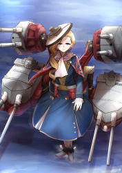 Rule 34 | 1girl, absurdres, artillery, azur lane, blonde hair, blue coat, blue eyes, coat, febicoron, from above, full body, gloves, hair over shoulder, highres, hood (azur lane), long hair, looking at viewer, looking up, neckerchief, rigging, solo, standing, standing on liquid, turret, union jack, white gloves, white headwear, white neckerchief