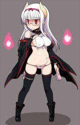 Rule 34 | 1girl, bad id, bad twitter id, bare shoulders, blush, boots, detached sleeves, glasses, heidimarie w. schnaufer, hitodama, horns, long hair, lowleg, lowleg panties, midriff, null (nyanpyoun), ofuda, panties, pregnant, red eyes, solo, strike witches, thigh strap, thighhighs, underwear, world witches series