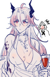 Rule 34 | 1boy, 1other, arknights, blush, breasts, cup, doctor (arknights), dress, drinking glass, ear piercing, genderswap, genderswap (mtf), gloves, highres, horns, jewelry, long hair, marthabucks, material growth, oripathy lesion (arknights), piercing, pink hair, pointy ears, theresis (arknights), white dress, white gloves, wine glass