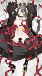Rule 34 | 1girl, absurdres, animal ears, arknights, armpits, arms up, ascot, asymmetrical bangs, bar censor, black coat, black collar, black footwear, black hair, black thighhighs, blush, boots, bound, bound wrists, breasts, censored, chinese commentary, cleavage, closed eyes, coat, collar, crossed bangs, cuffs, deep penetration, eyelashes, facing viewer, from above, full body, furrowed brow, grabbing, grabbing another&#039;s breast, hair between eyes, hair ornament, highres, long hair, lying, medium breasts, mole, mole above eye, navel, navel piercing, nipples, nude, on back, on bed, open clothes, open coat, parted lips, penance (arknights), piercing, pillow, qianshibu, restrained, shackles, shoes, single shoe, solo, spiked footwear, spread legs, stomach, stomach bulge, sweat, tearing up, tears, tentacle sex, tentacles, thighhighs, vaginal, white ascot, wince, wolf ears