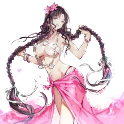 Rule 34 | 1girl, bare shoulders, bikini, black hair, blush, bracelet, braid, breasts, chest tattoo, cleavage, facial mark, fate/grand order, fate (series), flower, forehead mark, hair flower, hair ornament, highres, jewelry, koshika rina, large breasts, long hair, looking at viewer, multicolored hair, navel, necklace, parted bangs, pearl bracelet, pearl necklace, pink hair, sarong, sessyoin kiara, sessyoin kiara (swimsuit mooncancer), sessyoin kiara (swimsuit mooncancer) (first ascension), shell, shell necklace, simple background, smile, streaked hair, swimsuit, tattoo, thighs, twin braids, underboob, very long hair, white background, white bikini, yellow eyes