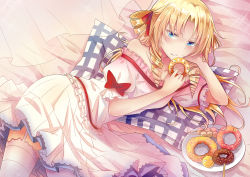 Rule 34 | 1girl, arm support, bare shoulders, blonde hair, blue eyes, bow, candy, collarbone, doughnut, drill hair, fei luo mao, food, frilled shirt, frills, garter straps, highres, lily (shinnazuki), long hair, looking at viewer, lying, off-shoulder shirt, off shoulder, on side, parted bangs, parted lips, petticoat, pillow, plate, pleated skirt, quad drills, red bow, red ribbon, ribbon, ribbon-trimmed sleeves, ribbon trim, shinnazuki, shirt, skirt, skirt set, solo, thighhighs, twin drills, white shirt, white skirt, white thighhighs
