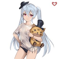 Rule 34 | 1girl, absurdres, bikini, bikini bottom only, black bikini, breasts, collarbone, commentary, doll joints, english commentary, granblue fantasy, hair between eyes, hand on own hip, hat, heart, highres, iiros, joints, long hair, looking at viewer, mini hat, navel, nipples, orchis, purple eyes, see-through, side-tie bikini bottom, silver hair, simple background, small breasts, smile, standing, stuffed animal, stuffed cat, stuffed toy, swimsuit, top hat, twintails, very long hair, white background