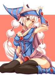 Rule 34 | 1girl, animal ears, armpits, black legwear, blue footwear, boots, breasts, collarbone, cosplay, cyoppu, dark magician girl, dark magician girl (cosplay), duel monster, covered erect nipples, hat, highres, inubashiri momiji, medium breasts, open mouth, pom pom (clothes), red eyes, short hair, silver hair, sitting, solo, tail, touhou, wariza, wizard hat, wolf ears, wolf tail, yu-gi-oh!, yuu-gi-ou, yu-gi-oh! duel monsters