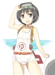 Rule 34 | 10s, 1girl, beach, black eyes, black hair, diving mask, diving mask on head, goggles, goggles on head, kantai collection, maru-yu (kancolle), ocean, one-piece swimsuit, open mouth, school swimsuit, shimouki izui, short hair, smile, solo, swimsuit, white one-piece swimsuit, white school swimsuit