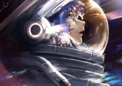 Rule 34 | 1girl, blue eyes, blue hair, close-up, commentary, highres, looking to the side, nemoto yuuma, open mouth, original, reflection, science fiction, short hair, solo, space, spacesuit, star (sky)