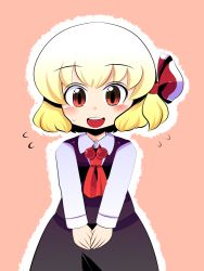 Rule 34 | 1girl, :d, bad id, bad pixiv id, blonde hair, blush, doku corne, embodiment of scarlet devil, female focus, hair ribbon, happy, open mouth, red eyes, ribbon, rumia, simple background, smile, solo, touhou, v arms