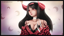 Rule 34 | 1girl, black hair, breasts, cleavage, fairy tail, horns, large breasts, red eyes, sayla (fairy tail), solo, tattoo